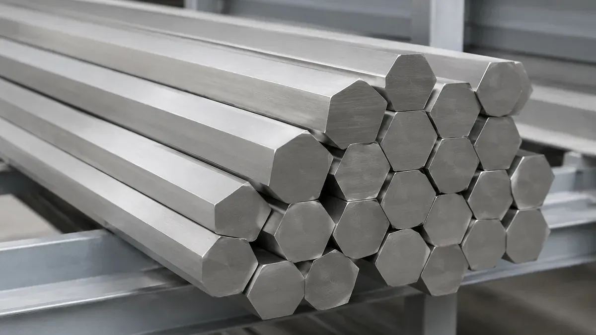 Illustrative six-sided 303 stainless steel hex bars