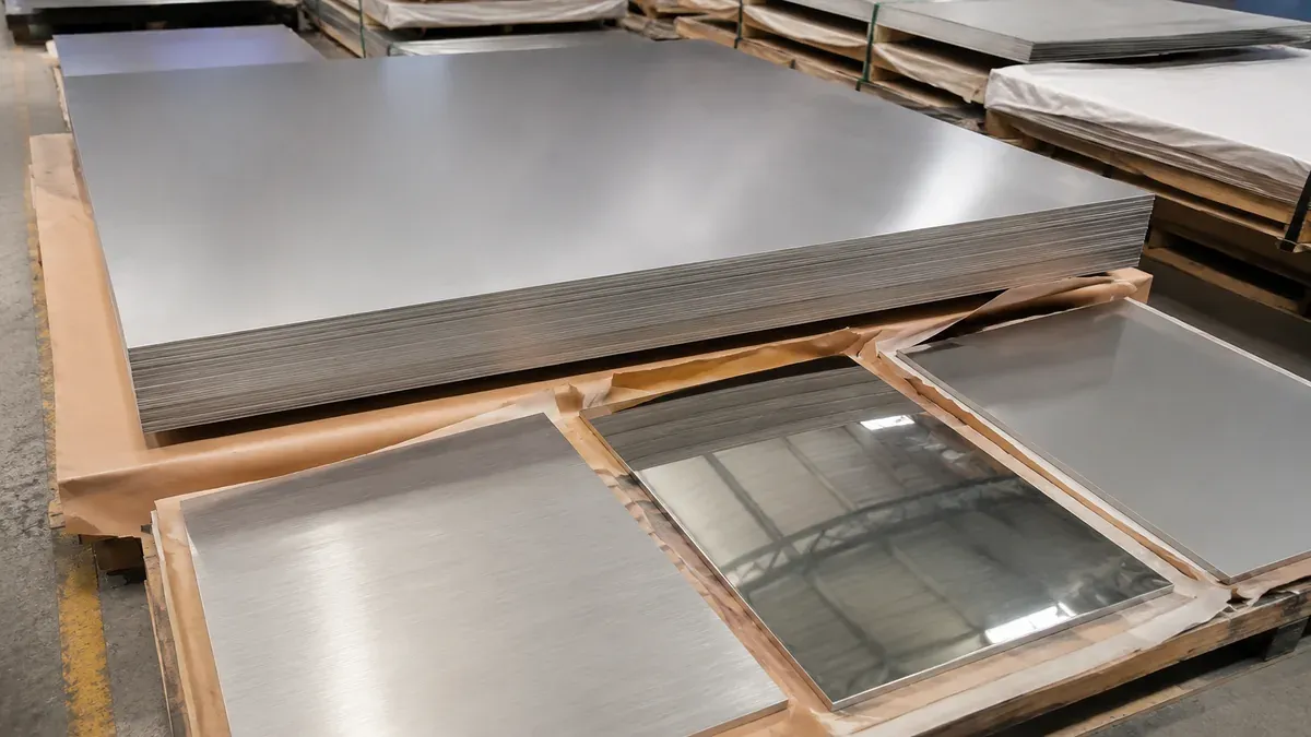 Illustrative 304 stainless steel sheet stock in multiple finishes