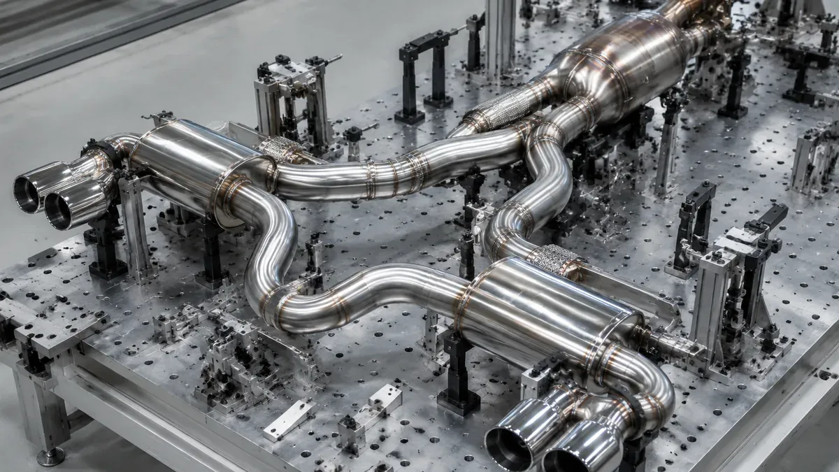 Illustrative formed stainless steel automotive exhaust assemblies