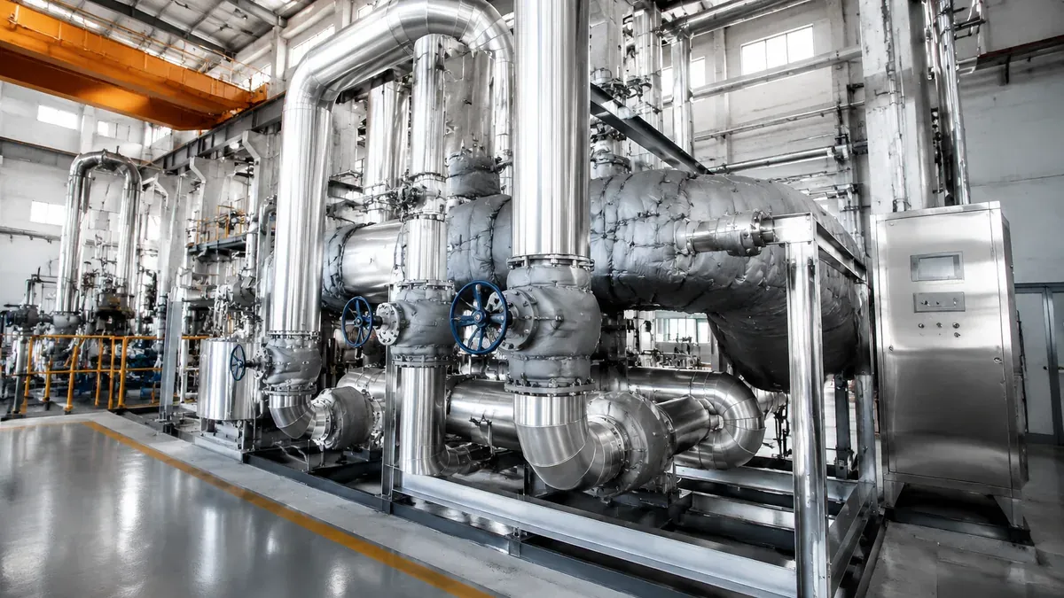 Illustrative stainless steel heat-recovery piping in a power equipment hall