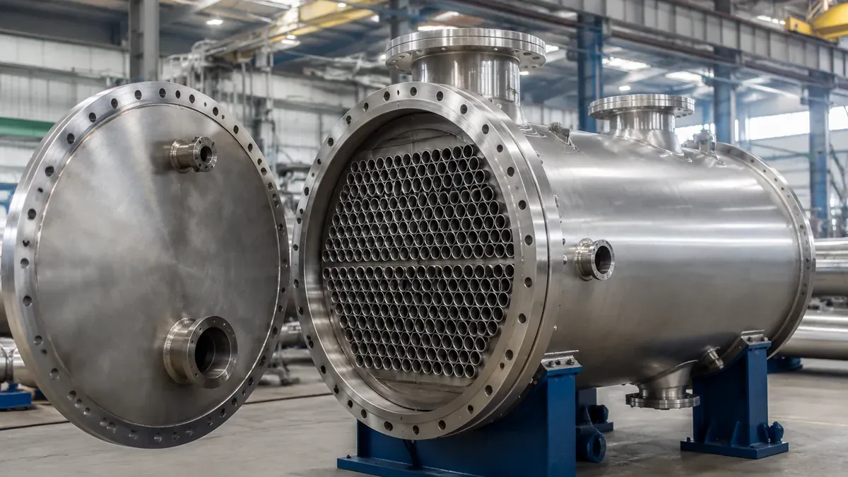 Illustrative stainless steel shell-and-tube heat exchanger and tube bundle