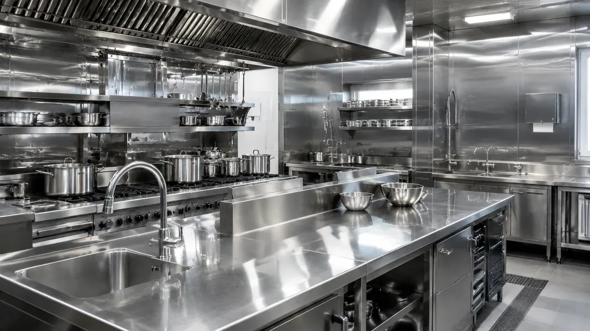 Illustrative stainless steel commercial kitchen equipment