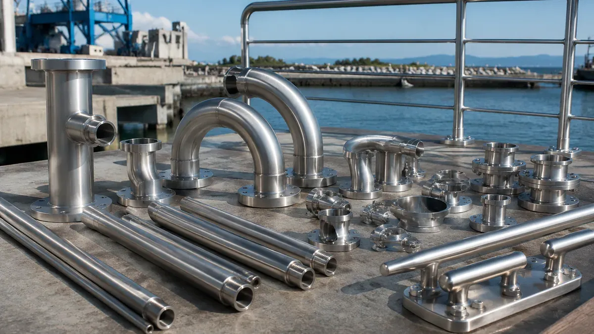 Illustrative stainless steel pipework and fittings for marine environments