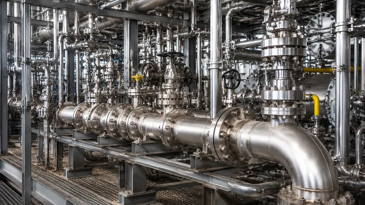 Illustrative stainless steel petrochemical process piping and valves
