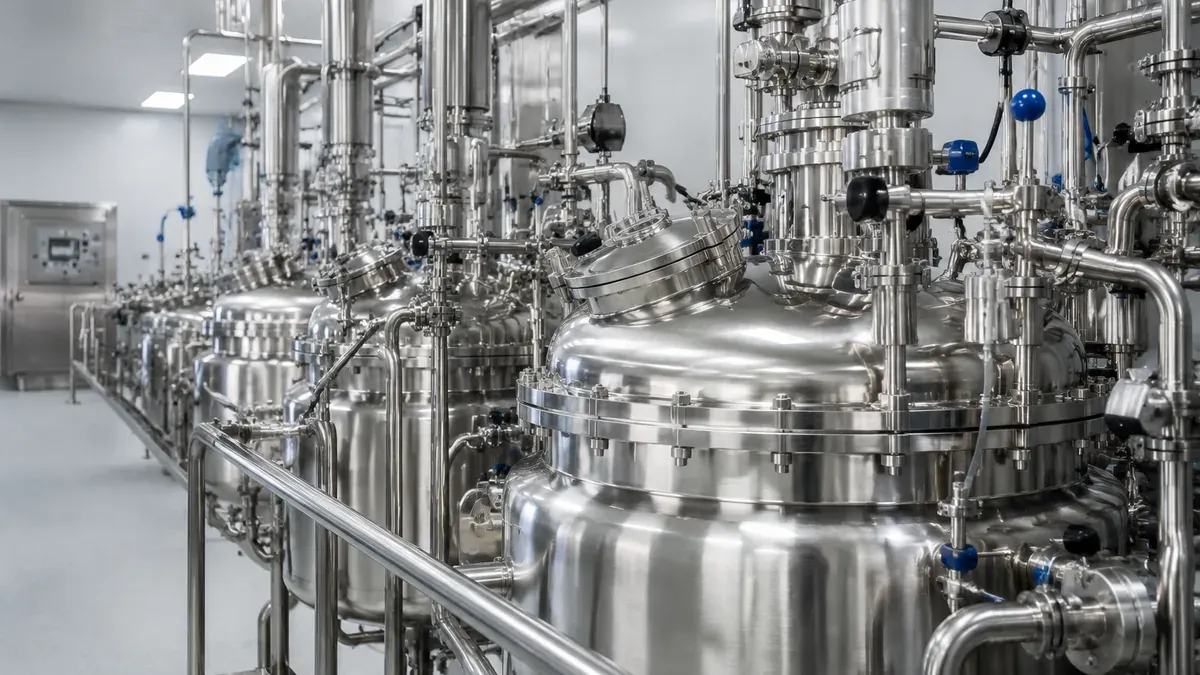 Illustrative sanitary stainless steel bioprocess vessels and tubing