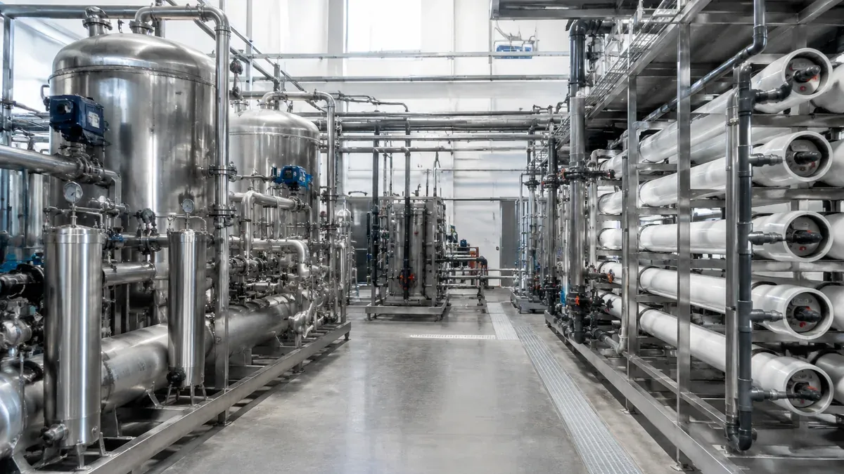 Illustrative stainless steel vessels and piping in a desalination plant