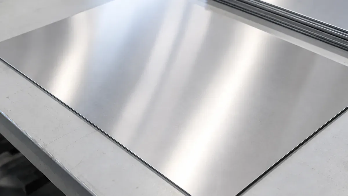 Illustrative bright annealed stainless steel sheet surface with soft non-directional reflection