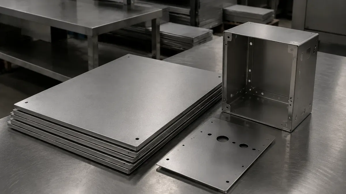 Illustrative bead-blasted stainless steel panels and enclosure with uniform low-glare texture