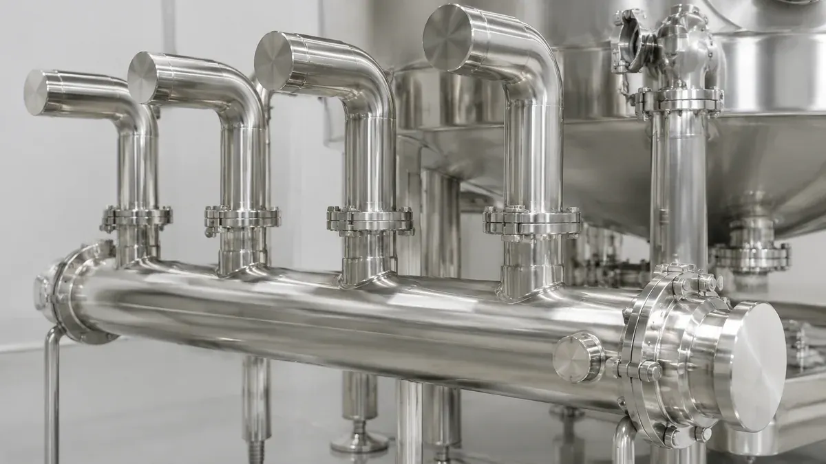 Illustrative electropolished stainless steel sanitary manifold with bright smooth surfaces