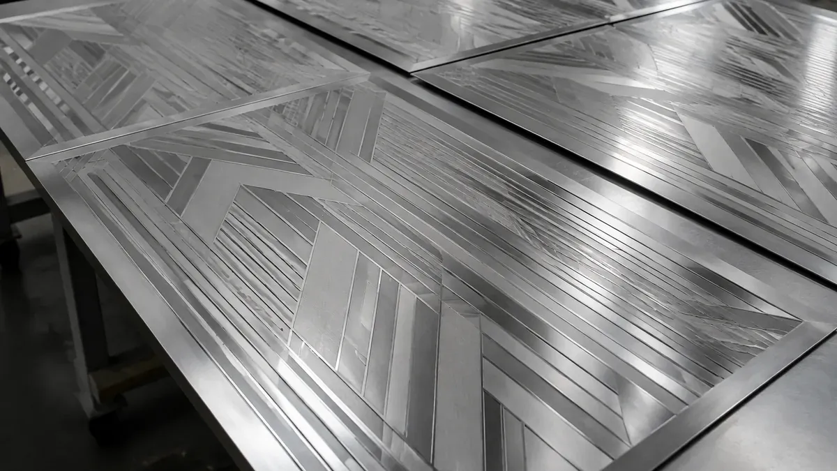 Illustrative etched stainless steel panels with abstract matte and reflective geometric patterns