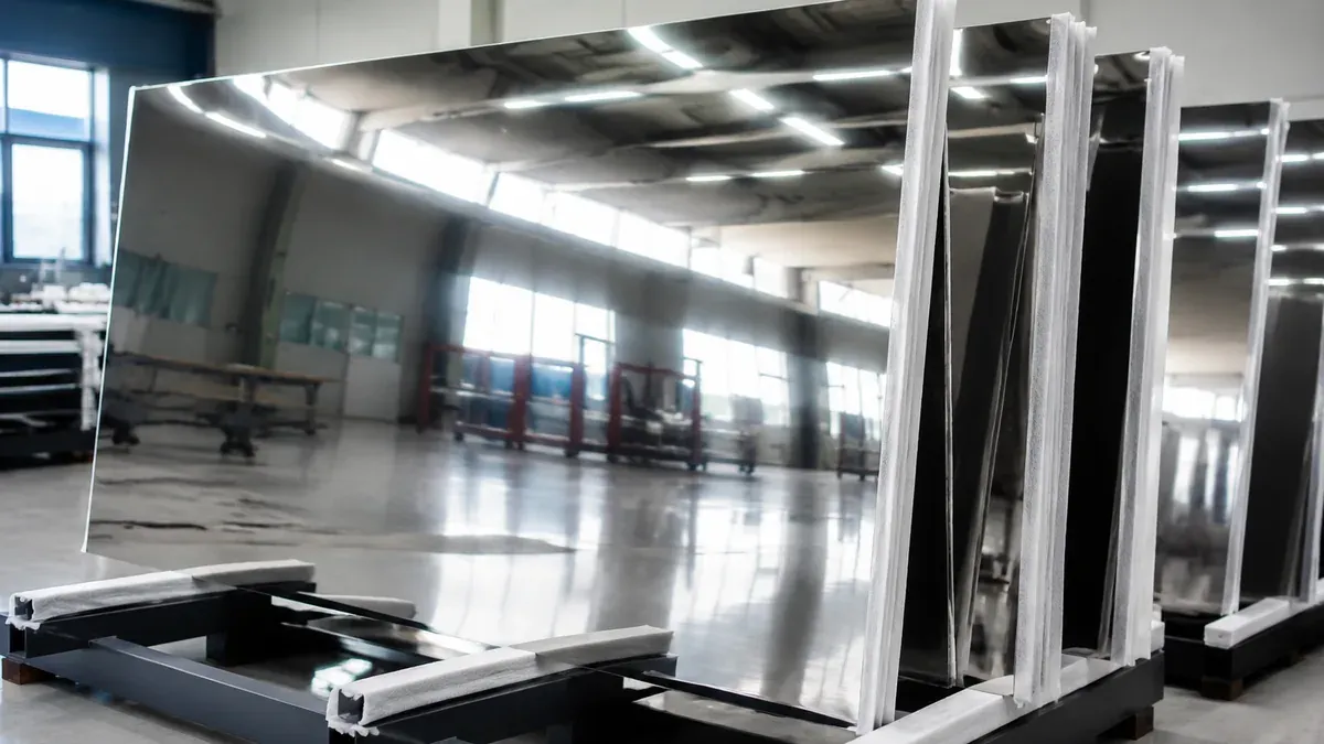 Illustrative mirror 8K stainless steel sheet panels with highly reflective polished surfaces