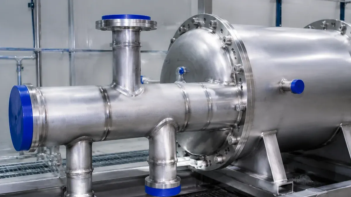 Illustrative welded stainless steel process equipment with clean pickled and passivated surfaces