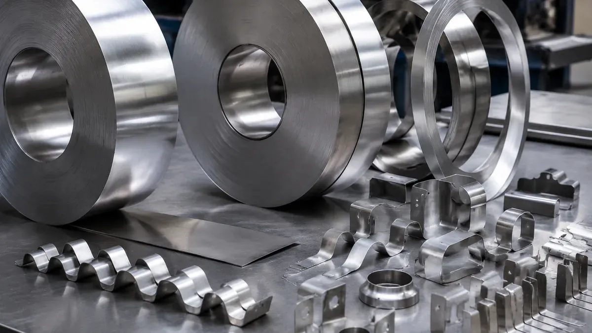Illustrative 301 stainless steel spring strip coils and formed clips