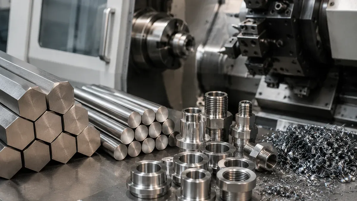 Illustrative 303 stainless steel hex bars, turned parts and machining chips
