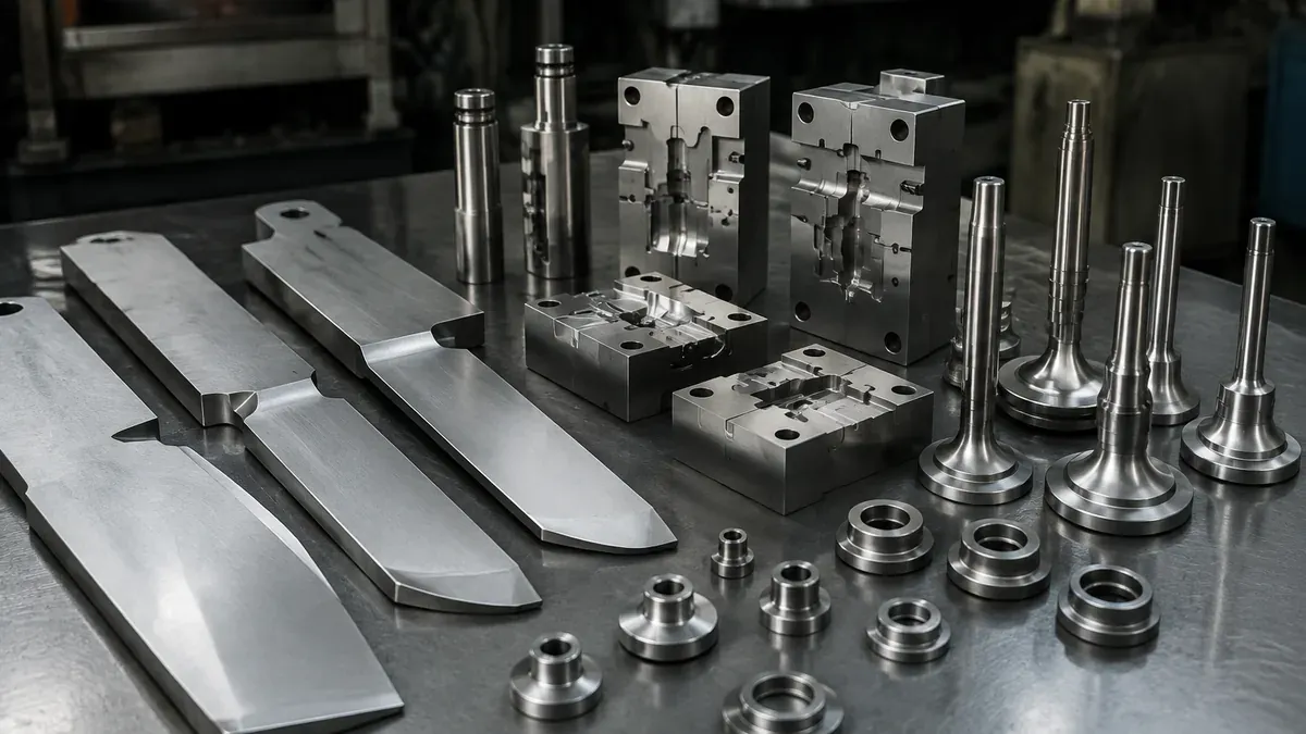 Illustrative 420 stainless steel blade blanks, mold inserts and valve parts