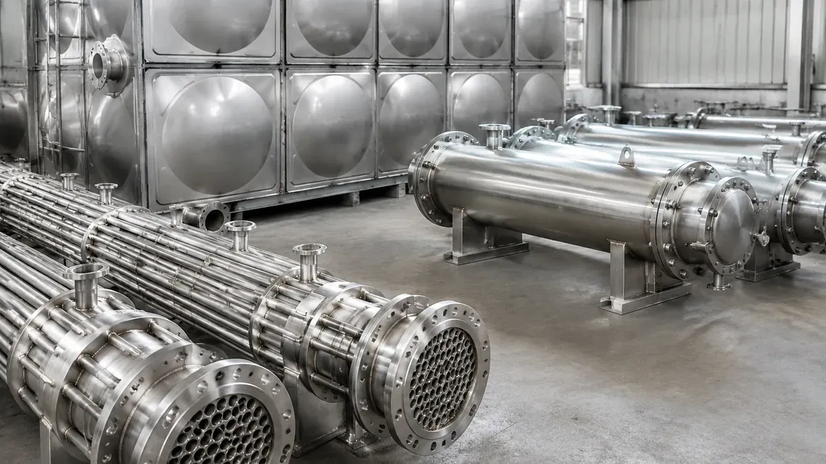 Illustrative 439 ferritic stainless steel heat-exchanger and hot-water equipment