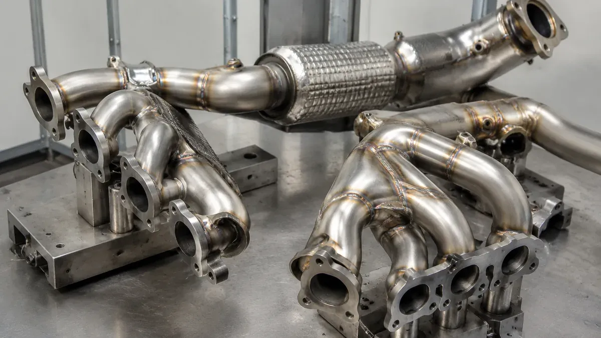Illustrative 441 ferritic stainless steel exhaust hot-end manifolds and pipes
