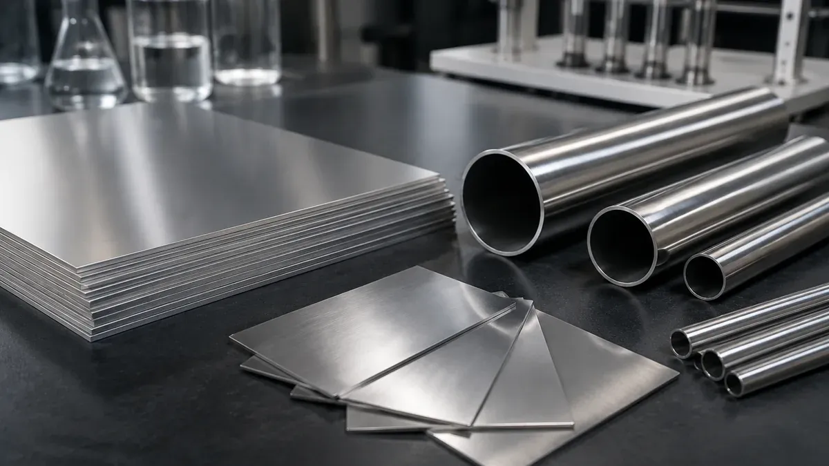 Illustrative 904L stainless steel sheet and polished tube forms