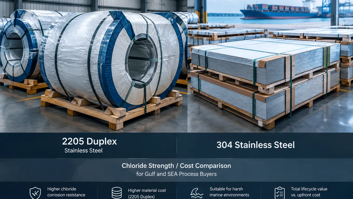 Export-packed 2205 and 304 stainless plate and pipe staged for MENA or SEA project delivery