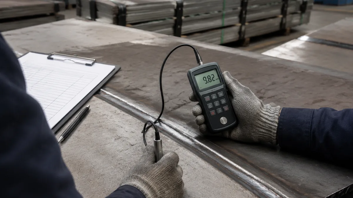 Inspector reviewing stainless weld samples and certificate data for 304 versus 304L selection
