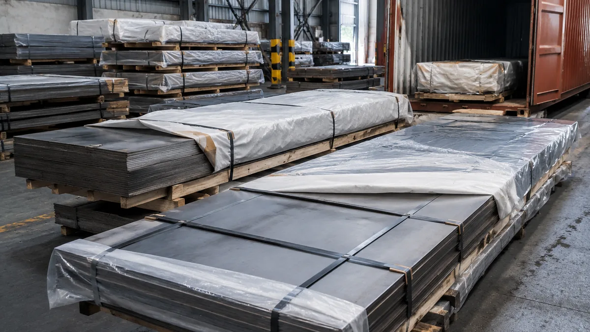 Export-packed stainless plate bundles labeled for welded fabrication supply