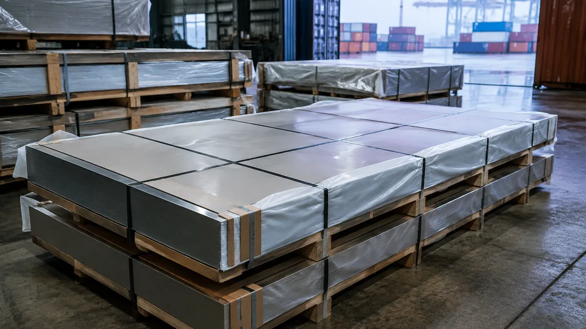 Illustrative protected stainless sheet prepared for export after inspection