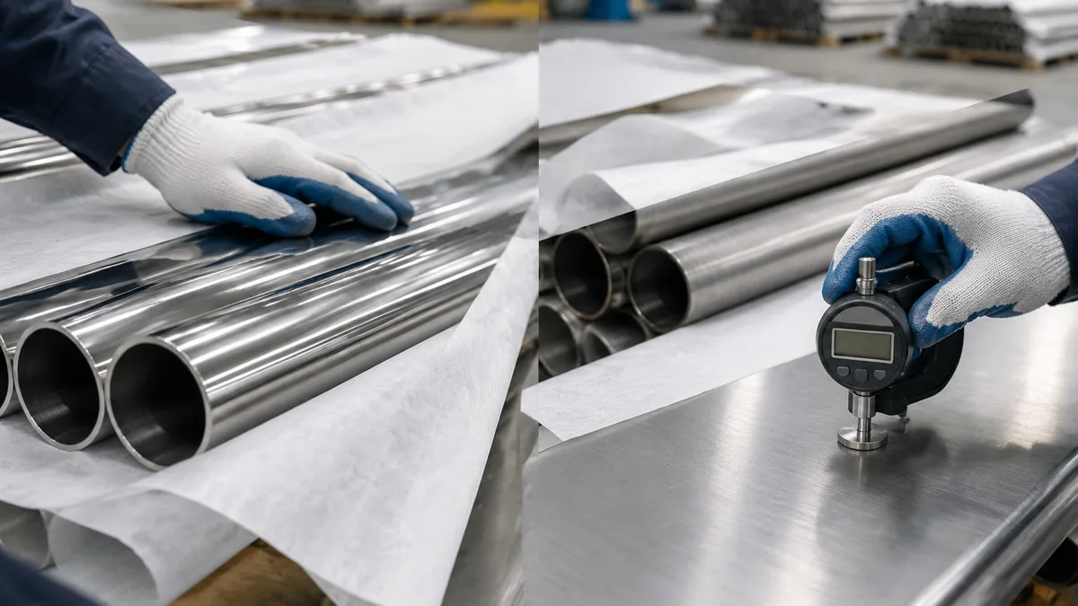 Inspector comparing stainless tube ID finish quality against purchase-order sanitary acceptance criteria