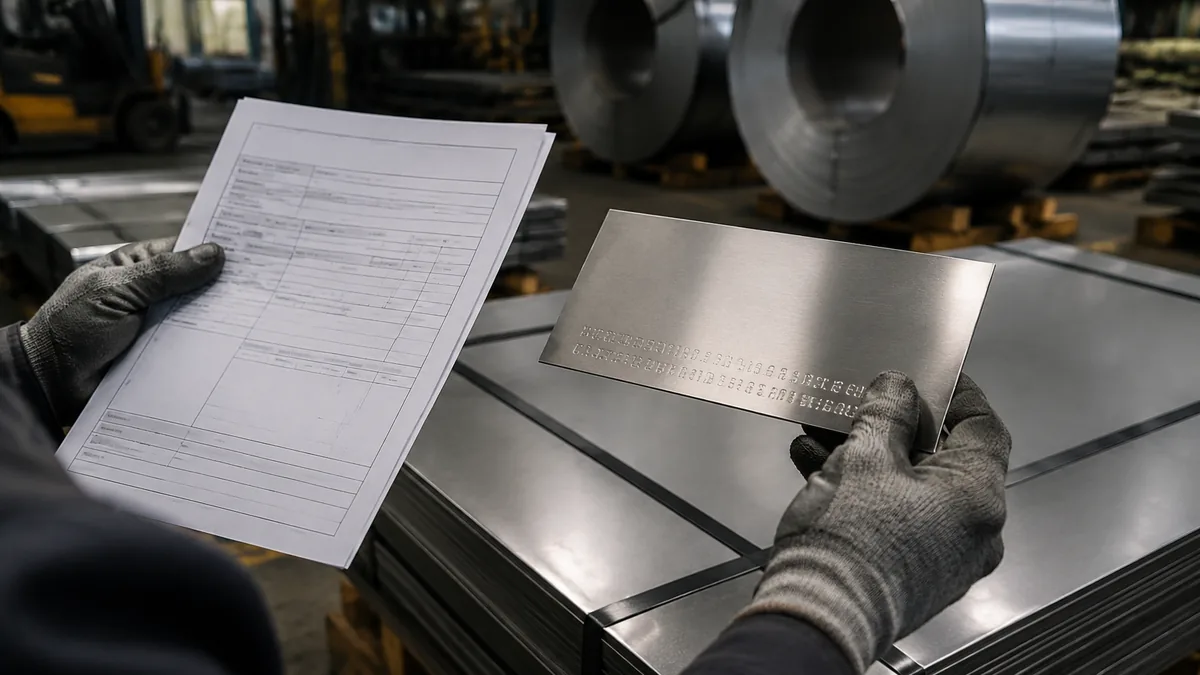 Illustrative stainless steel certificate review beside traceability markings