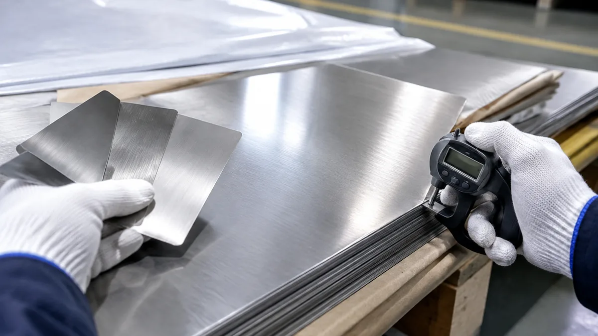 QC inspector comparing directional No.4 and hairline stainless polish samples under controlled light