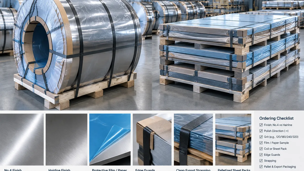 Protective film on brushed stainless sheet packs prepared for export with edge guards