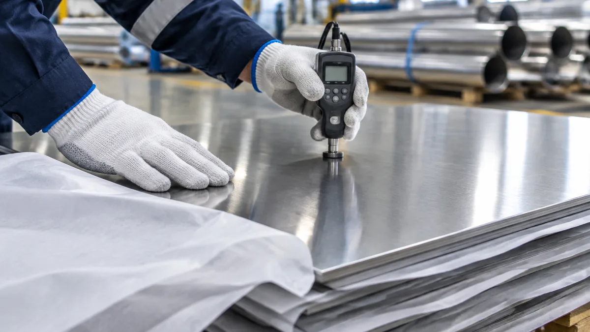 Inspector reviewing chemical-process stainless pipe markings and documents before award