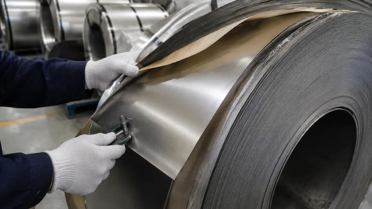 Operator checking stainless steel slit coil thickness with a micrometer