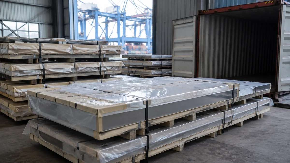 Illustrative stainless sheet bundles with moisture barrier, edge guards and skids at a container