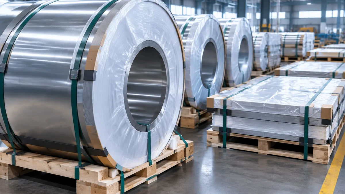 Export-packed stainless sheet and sanitary tube bundles labeled for MENA and SEA food equipment delivery