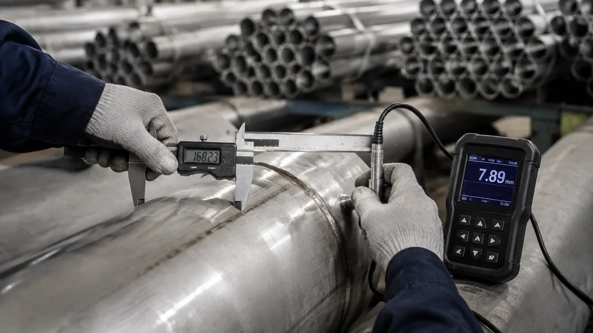 Dimensional inspection of stainless steel pipe ends against an NPS and schedule callout