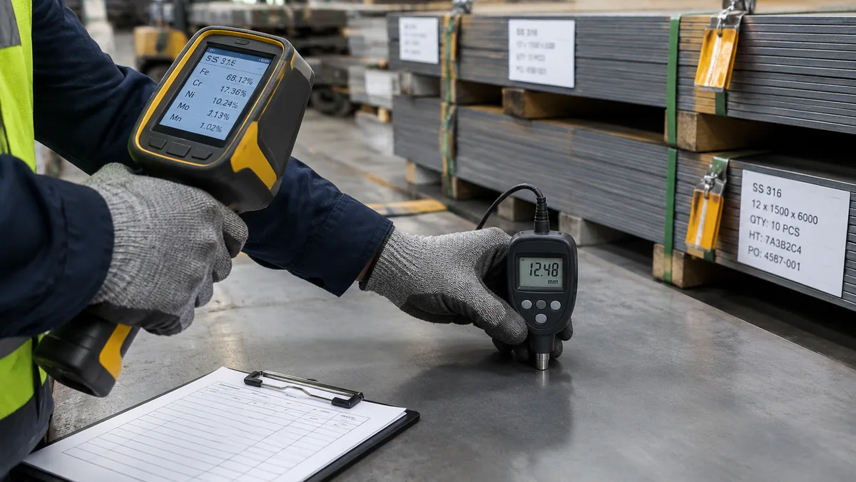 Inspector performing stainless steel PMI style grade verification beside tagged material