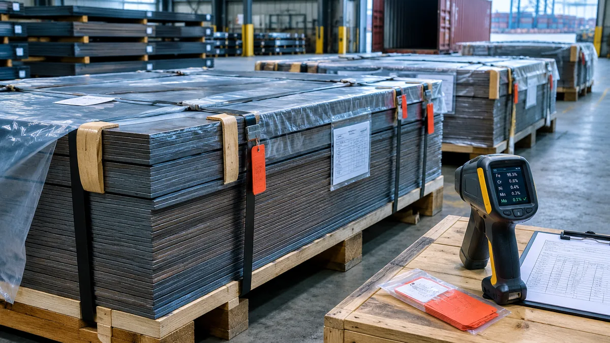 Export-packed stainless steel bundles with labels ready for PMI sampling and identity checks