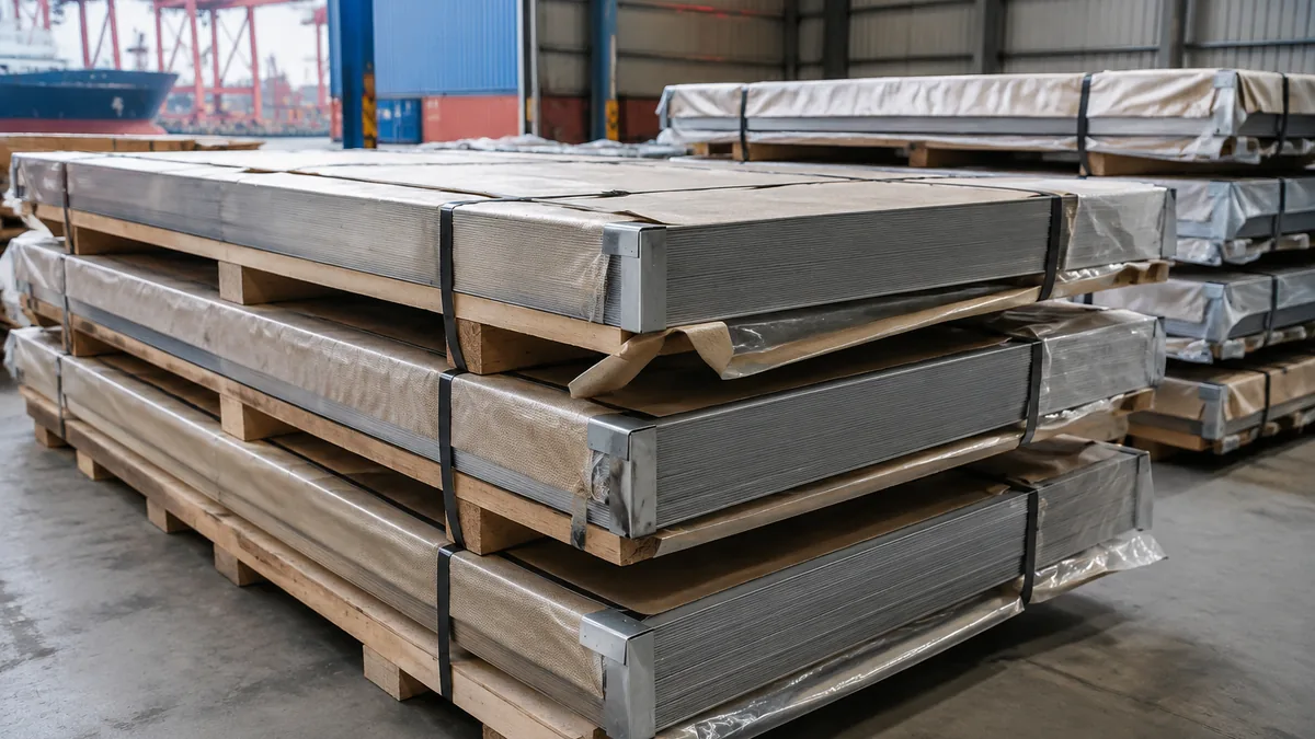 Illustrative seaworthy packing for stainless steel sheet bundles