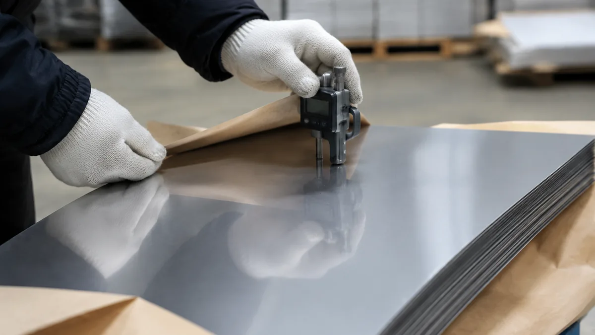 Inspector checking a stainless steel sheet surface and thickness under controlled factory lighting