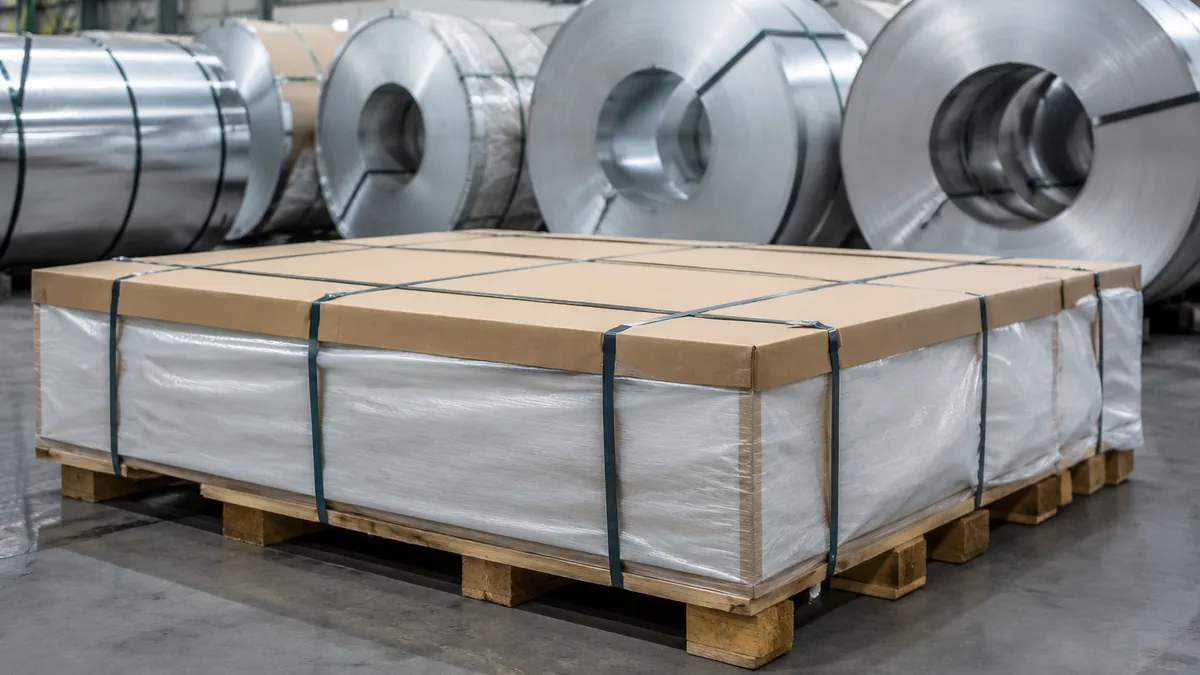 Stainless steel sheet packs protected with wrapping, edge guards and export strapping